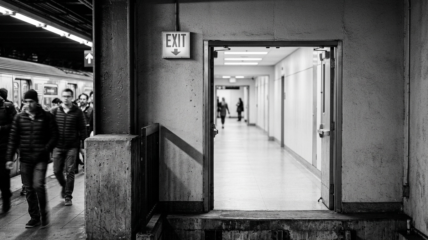 The monochrome image of a busy, slightly grubby world with an exit sign visible but not obvious, and through the doorway of the exit is a brighter, cleaner, more organised world.