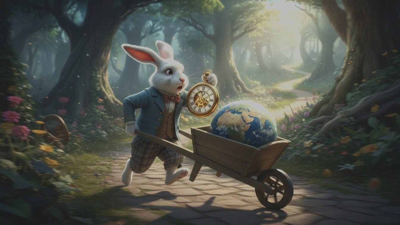 Rabbit carrying the world in a barrow