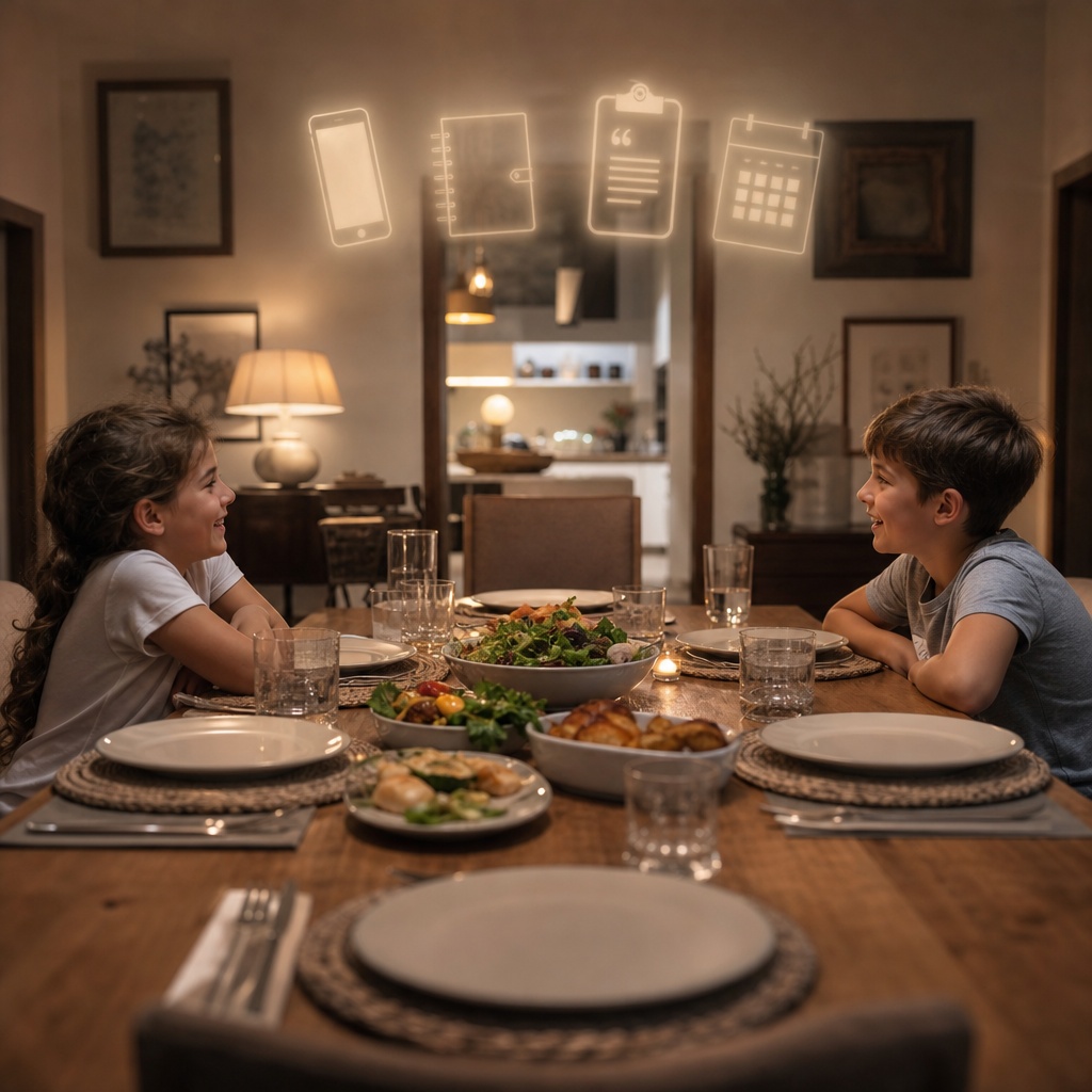 Just before family dinner time in the dining room, but with work still milling around in mind