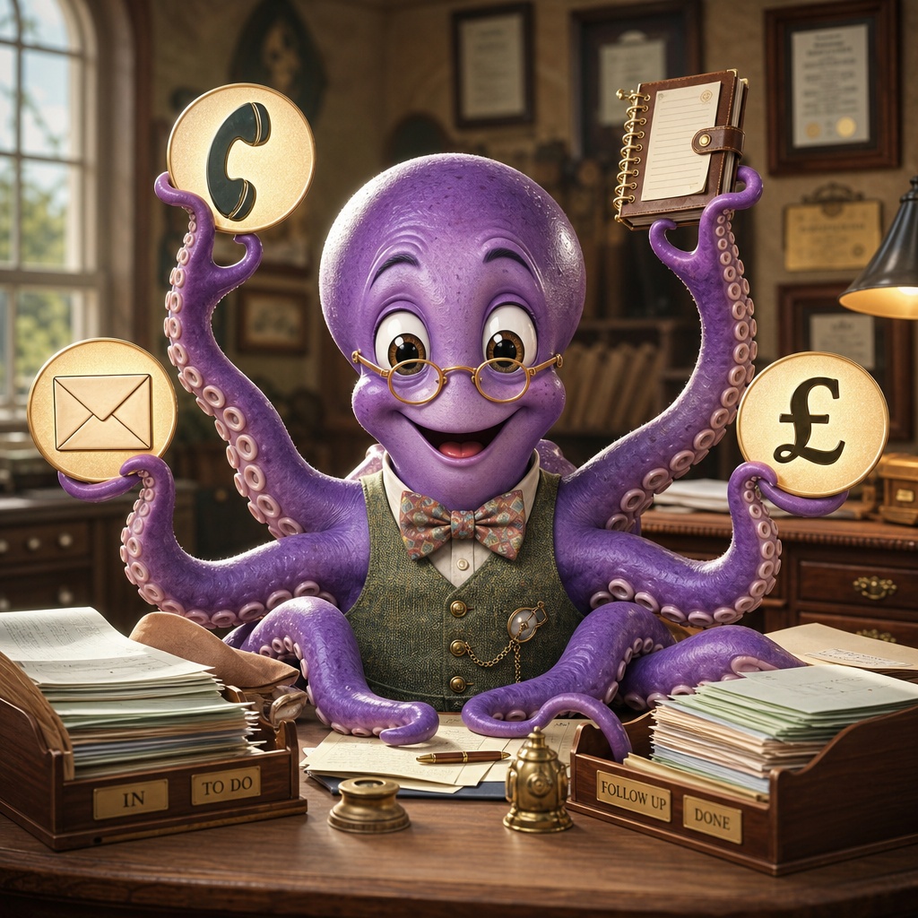 The mythical, magical purple octopus wielding a phone, a diary, email, and a pound sign. He's the magic octopus that deals with it all in his very busy but organised office.