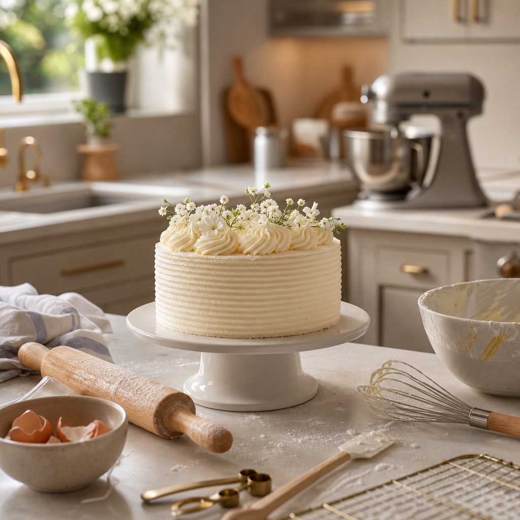 Beautifully finished cake on cake stand in modern kitchen
