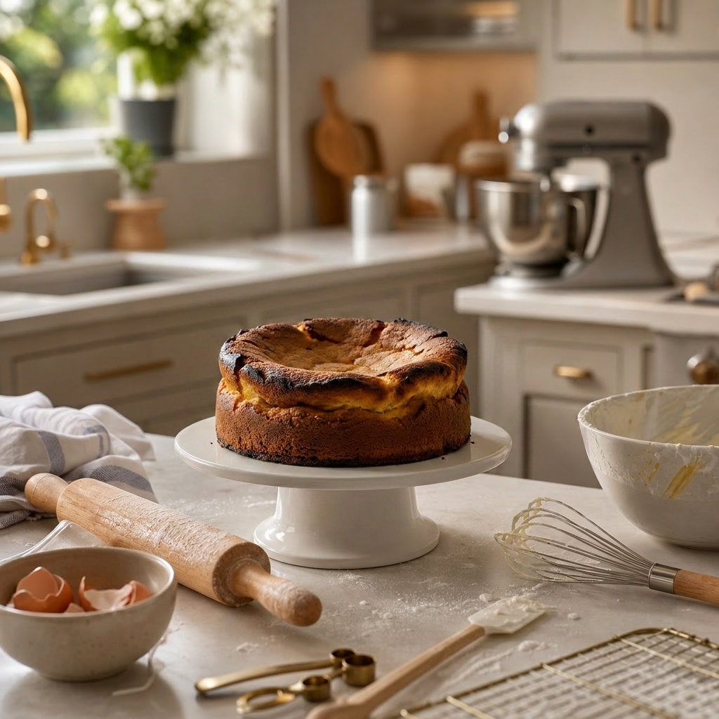Collapsed and burnt cake on stand in modern kitchen
